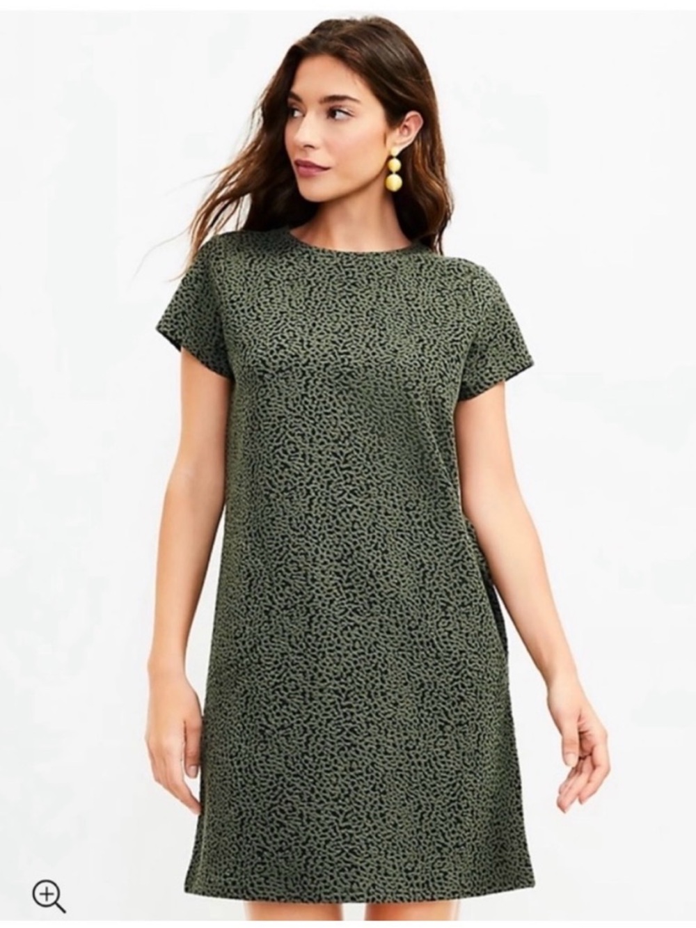 LOFT Olive Green Short Sleeve Mini Shift Dress with Subtle Print